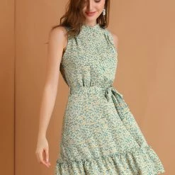 Allegra K Women's Floral Daisy Printed Half Placket Ruffle Hem A-Line Belted Sleeveless Dress