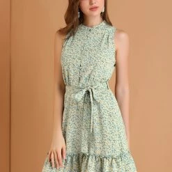 Allegra K Women's Floral Daisy Printed Half Placket Ruffle Hem A-Line Belted Sleeveless Dress