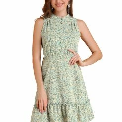 Allegra K Women's Floral Daisy Printed Half Placket Ruffle Hem A-Line Belted Sleeveless Dress