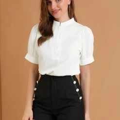 Allegra K Women's Work Office Top Blouse Ruffled Puff Sleeve Shirt 36 Allegra K Women's Work Office Top Blouse Ruffled Puff Sleeve Shirt