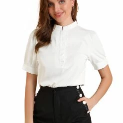 Allegra K Women's Work Office Top Blouse Ruffled Puff Sleeve Shirt