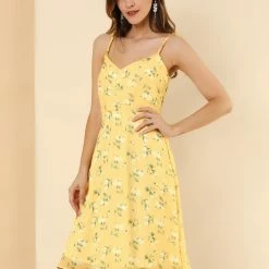 Women Allegra K Spaghetti Strap Summer Midi Floral Print Dress