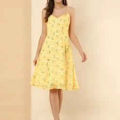 Women Allegra K Spaghetti Strap Summer Midi Floral Print Dress
