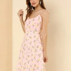 Women Allegra K Spaghetti Strap Summer Midi Floral Print Dress