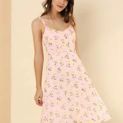 Women Allegra K Spaghetti Strap Summer Midi Floral Print Dress