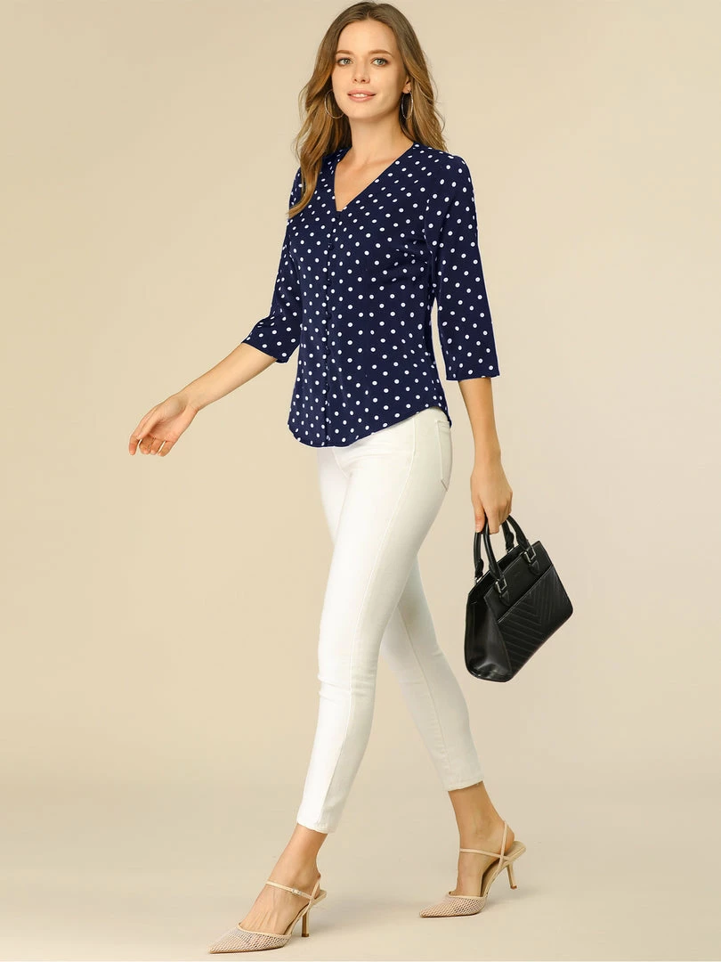 Allegra K Women's Polka Dots 3/4 Sleeve Casual Button Front Blouse Top 18 Allegra K Women's Polka Dots 3/4 Sleeve Casual Button Front Blouse Top