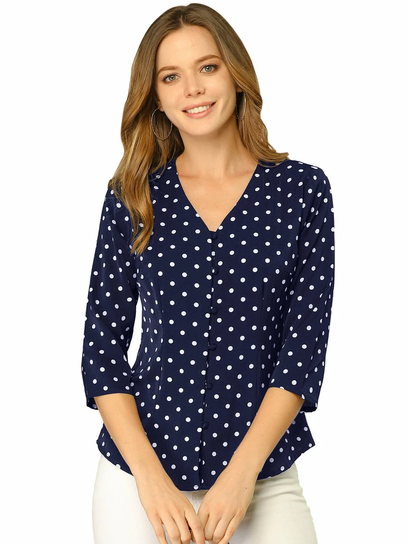 Allegra K Women's Polka Dots 3/4 Sleeve Casual Button Front Blouse Top 16 Allegra K Women's Polka Dots 3/4 Sleeve Casual Button Front Blouse Top