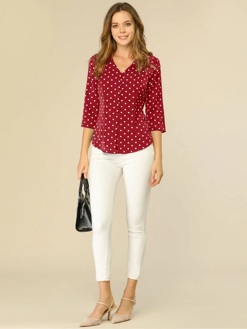 Allegra K Women's Polka Dots 3/4 Sleeve Casual Button Front Blouse Top 11 Allegra K Women's Polka Dots 3/4 Sleeve Casual Button Front Blouse Top