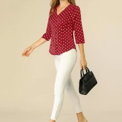 Allegra K Women's Polka Dots 3/4 Sleeve Casual Button Front Blouse Top 42 Allegra K Women's Polka Dots 3/4 Sleeve Casual Button Front Blouse Top