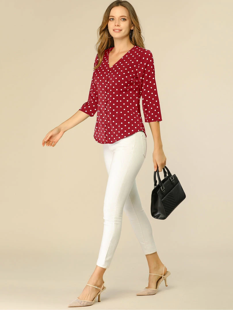 Allegra K Women's Polka Dots 3/4 Sleeve Casual Button Front Blouse Top 12 Allegra K Women's Polka Dots 3/4 Sleeve Casual Button Front Blouse Top