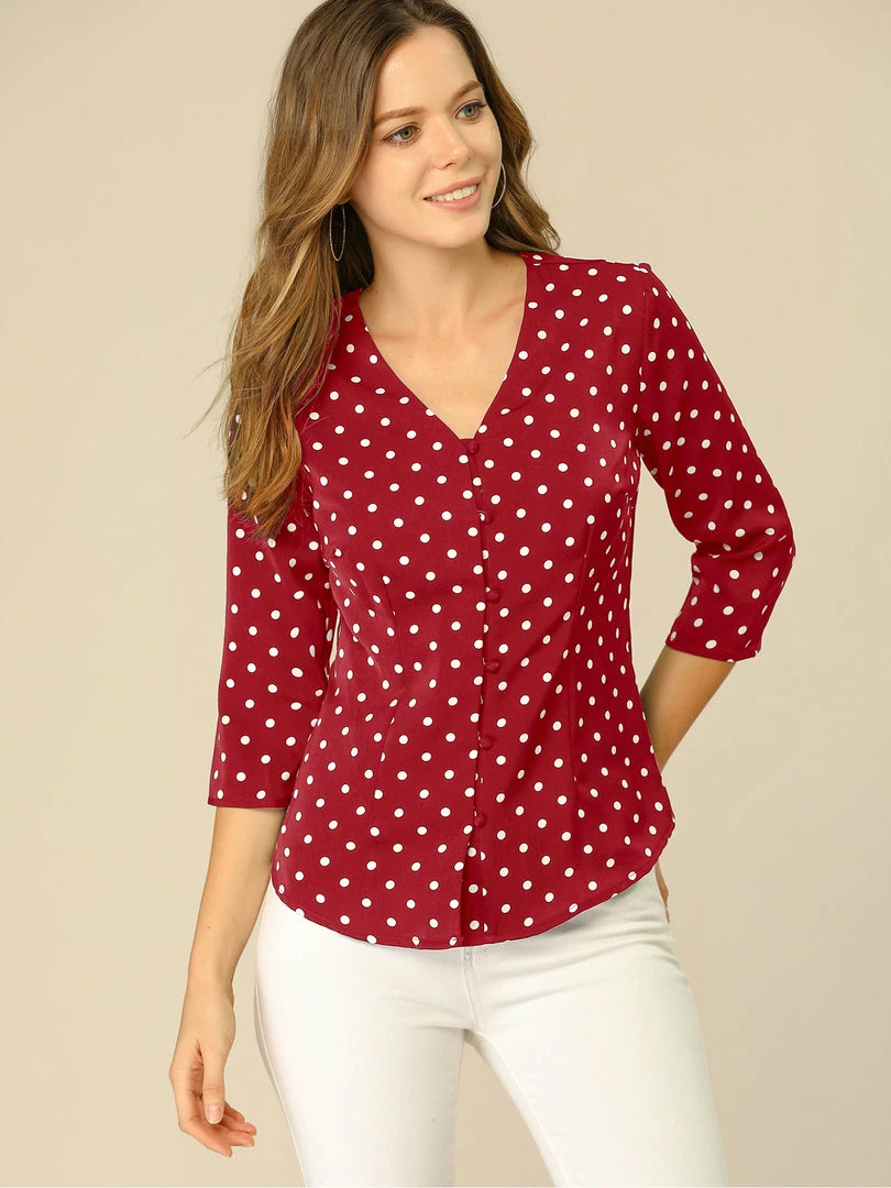 Allegra K Women's Polka Dots 3/4 Sleeve Casual Button Front Blouse Top 13 Allegra K Women's Polka Dots 3/4 Sleeve Casual Button Front Blouse Top