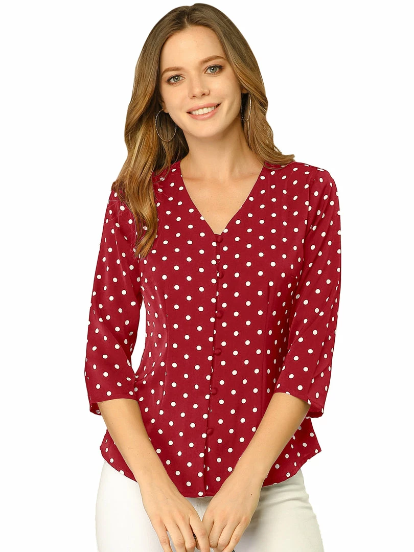 Allegra K Women's Polka Dots 3/4 Sleeve Casual Button Front Blouse Top 10 Allegra K Women's Polka Dots 3/4 Sleeve Casual Button Front Blouse Top