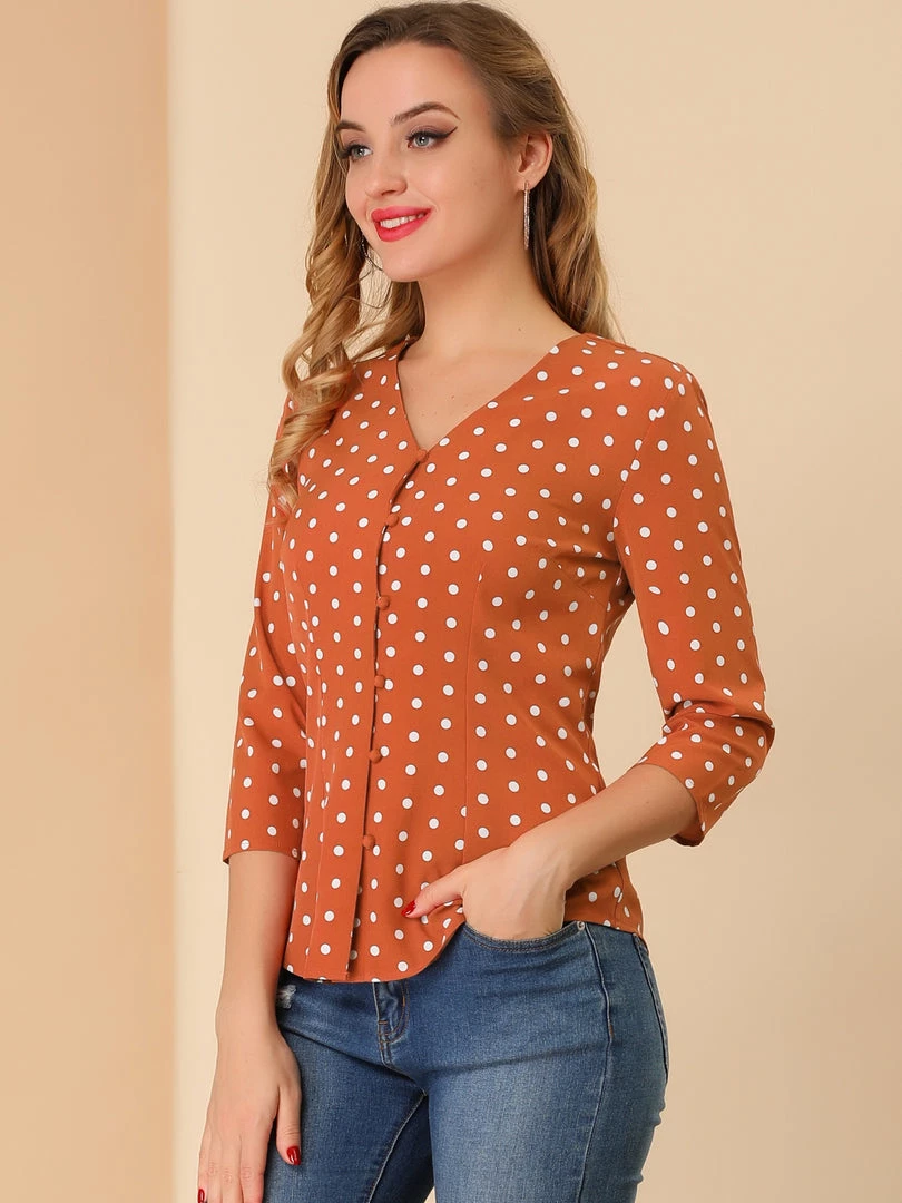 Allegra K Women's Polka Dots 3/4 Sleeve Casual Button Front Blouse Top 5 Allegra K Women's Polka Dots 3/4 Sleeve Casual Button Front Blouse Top