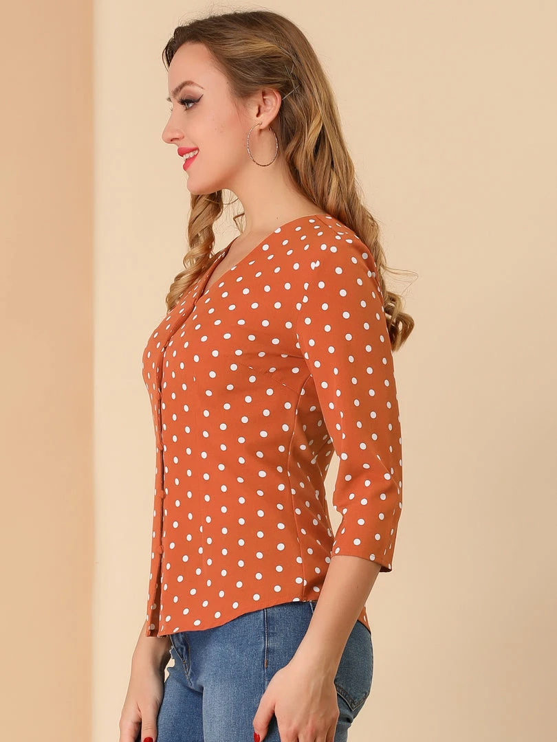 Allegra K Women's Polka Dots 3/4 Sleeve Casual Button Front Blouse Top 7 Allegra K Women's Polka Dots 3/4 Sleeve Casual Button Front Blouse Top