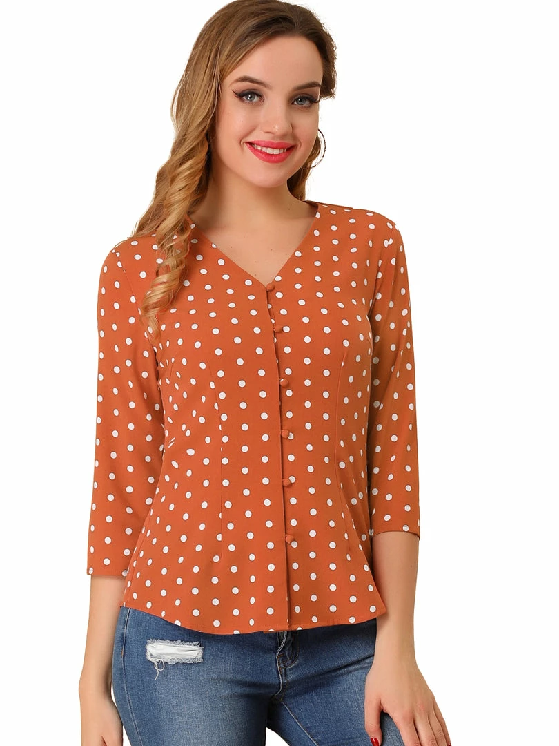 Allegra K Women's Polka Dots 3/4 Sleeve Casual Button Front Blouse Top 4 Allegra K Women's Polka Dots 3/4 Sleeve Casual Button Front Blouse Top