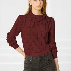 Allegra K Women's Bow-Tie Neck Blouse Office Work Checks Shirt Tops