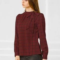 Allegra K Women's Bow-Tie Neck Blouse Office Work Checks Shirt Tops