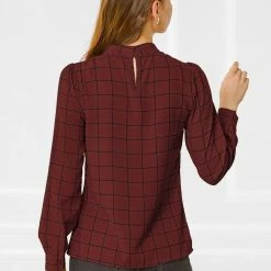Allegra K Women's Bow-Tie Neck Blouse Office Work Checks Shirt Tops