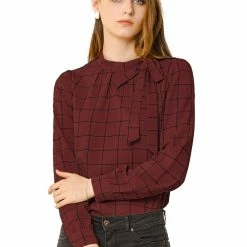 Allegra K Women's Bow-Tie Neck Blouse Office Work Checks Shirt Tops