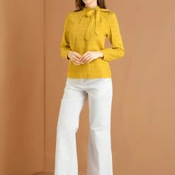 Allegra K Women's Bow-Tie Neck Blouse Office Work Checks Shirt Tops