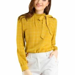 Allegra K Women's Bow-Tie Neck Blouse Office Work Checks Shirt Tops