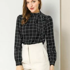 Allegra K Women's Bow-Tie Neck Blouse Office Work Checks Shirt Tops
