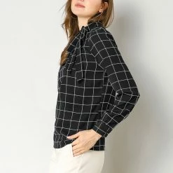 Allegra K Women's Bow-Tie Neck Blouse Office Work Checks Shirt Tops