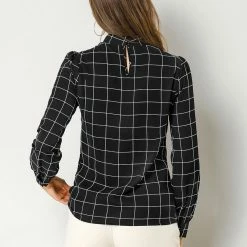 Allegra K Women's Bow-Tie Neck Blouse Office Work Checks Shirt Tops