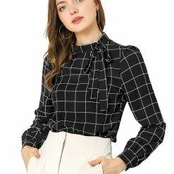 Allegra K Women's Bow-Tie Neck Blouse Office Work Checks Shirt Tops