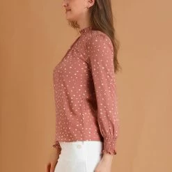 Allegra K Women's Ruffled Neck Smocked Long Sleeve Floral Printed Blouse Top