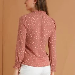 Allegra K Women's Ruffled Neck Smocked Long Sleeve Floral Printed Blouse Top