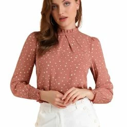 Allegra K Women's Ruffled Neck Smocked Long Sleeve Floral Printed Blouse Top