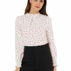Allegra K Women's Ruffled Neck Smocked Long Sleeve Floral Printed Blouse Top
