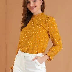 Allegra K Women's Ruffled Neck Smocked Long Sleeve Floral Printed Blouse Top