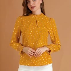 Allegra K Women's Ruffled Neck Smocked Long Sleeve Floral Printed Blouse Top