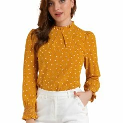 Allegra K Women's Ruffled Neck Smocked Long Sleeve Floral Printed Blouse Top