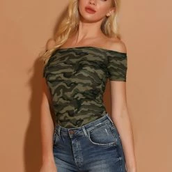 Allegra K Women's Slim Fit Short Sleeves Off The Shoulder Cropped Top