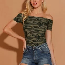 Allegra K Women's Slim Fit Short Sleeves Off The Shoulder Cropped Top