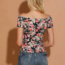 Allegra K Women's Slim Fit Short Sleeves Off The Shoulder Cropped Top