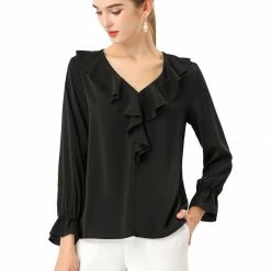Allegra K Ruffle V Neck Bracelet Sleeve Vintage Peasant Chiffon Blouse Women