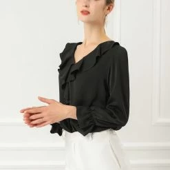 Allegra K Ruffle V Neck Bracelet Sleeve Vintage Peasant Chiffon Blouse Women