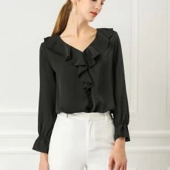 Allegra K Ruffle V Neck Bracelet Sleeve Vintage Peasant Chiffon Blouse Women