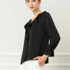 Allegra K Ruffle V Neck Bracelet Sleeve Vintage Peasant Chiffon Blouse Women