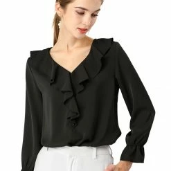 Allegra K Ruffle V Neck Bracelet Sleeve Vintage Peasant Chiffon Blouse Women