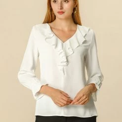 Allegra K Ruffle V Neck Bracelet Sleeve Vintage Peasant Chiffon Blouse Women