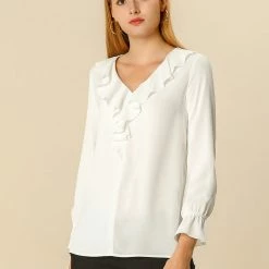 Allegra K Ruffle V Neck Bracelet Sleeve Vintage Peasant Chiffon Blouse Women