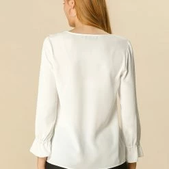 Allegra K Ruffle V Neck Bracelet Sleeve Vintage Peasant Chiffon Blouse Women