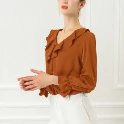 Allegra K Ruffle V Neck Bracelet Sleeve Vintage Peasant Chiffon Blouse Women