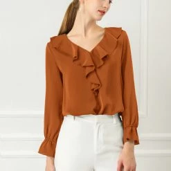 Allegra K Ruffle V Neck Bracelet Sleeve Vintage Peasant Chiffon Blouse Women