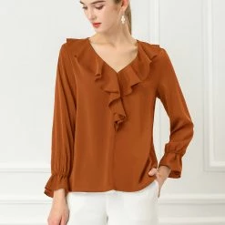 Allegra K Ruffle V Neck Bracelet Sleeve Vintage Peasant Chiffon Blouse Women